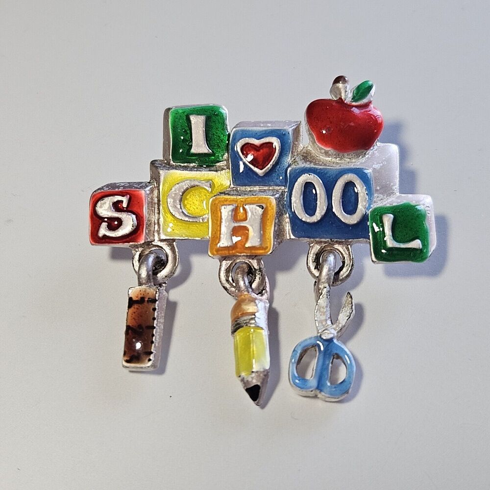 AJMC Vintage Silver Tone I Love School Dangling Charms Brooch